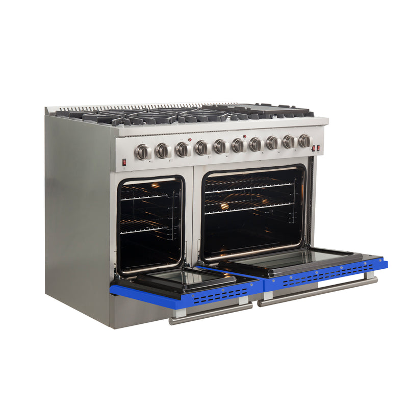 Forno Galiano 48" Freestanding Gas Range in Stainless Steel with Blue Door, 8 Sealed Burners, Double Oven, Griddle, FFSGS6244-48BLU