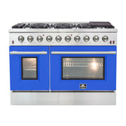 Forno Galiano 48" Freestanding Gas Range in Stainless Steel with Blue Door, 8 Sealed Burners, Double Oven, Griddle, FFSGS6244-48BLU