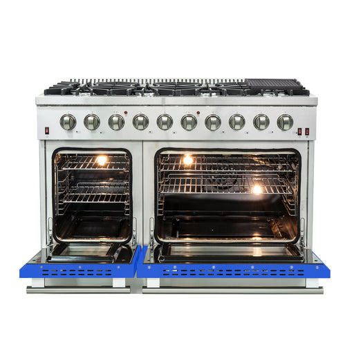 Forno Galiano 48" Freestanding Gas Range in Stainless Steel with Blue Door, 8 Sealed Burners, Double Oven, Griddle, FFSGS6244-48BLU