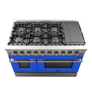 Forno Galiano 48" Freestanding Gas Range in Stainless Steel with Blue Door, 8 Sealed Burners, Double Oven, Griddle, FFSGS6244-48BLU