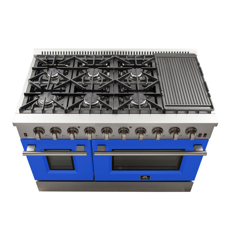 Forno Galiano 48" Freestanding Gas Range in Stainless Steel with Blue Door, 8 Sealed Burners, Double Oven, Griddle, FFSGS6244-48BLU