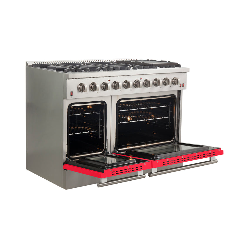 Forno Galiano 48" Freestanding Gas Range in Stainless Steel with Red Door, 8 Sealed Burners, Double Oven, Griddle, FFSGS6244-48RED