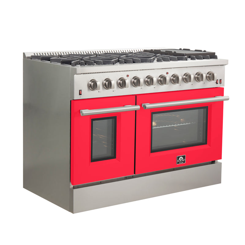 Forno Galiano 48" Freestanding Gas Range in Stainless Steel with Red Door, 8 Sealed Burners, Double Oven, Griddle, FFSGS6244-48RED