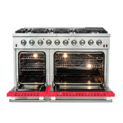 Forno Galiano 48" Freestanding Gas Range in Stainless Steel with Red Door, 8 Sealed Burners, Double Oven, Griddle, FFSGS6244-48RED