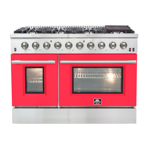 Forno Galiano 48" Freestanding Gas Range in Stainless Steel with Red Door, 8 Sealed Burners, Double Oven, Griddle, FFSGS6244-48RED