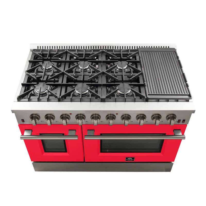 Forno Galiano 48" Freestanding Gas Range in Stainless Steel with Red Door, 8 Sealed Burners, Double Oven, Griddle, FFSGS6244-48RED