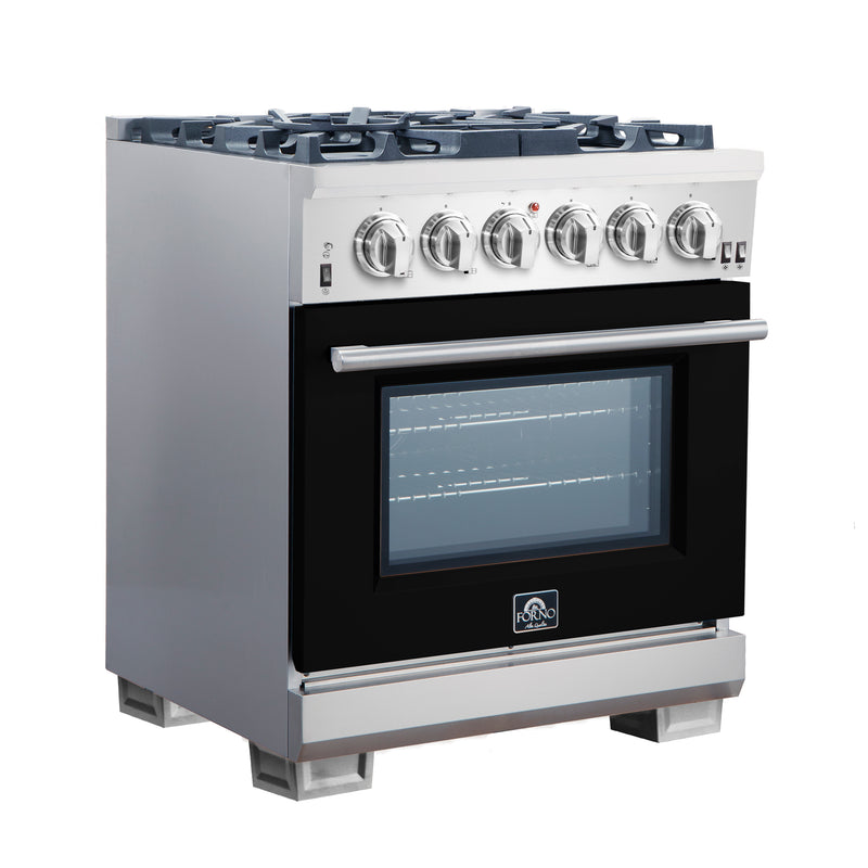 Forno Capriasca 30" Freestanding Gas Range in Stainless Steel with Black Door, 5 Brass Burners, True Convection, Cast-Iron Grates, FFSGS6260-30BLK