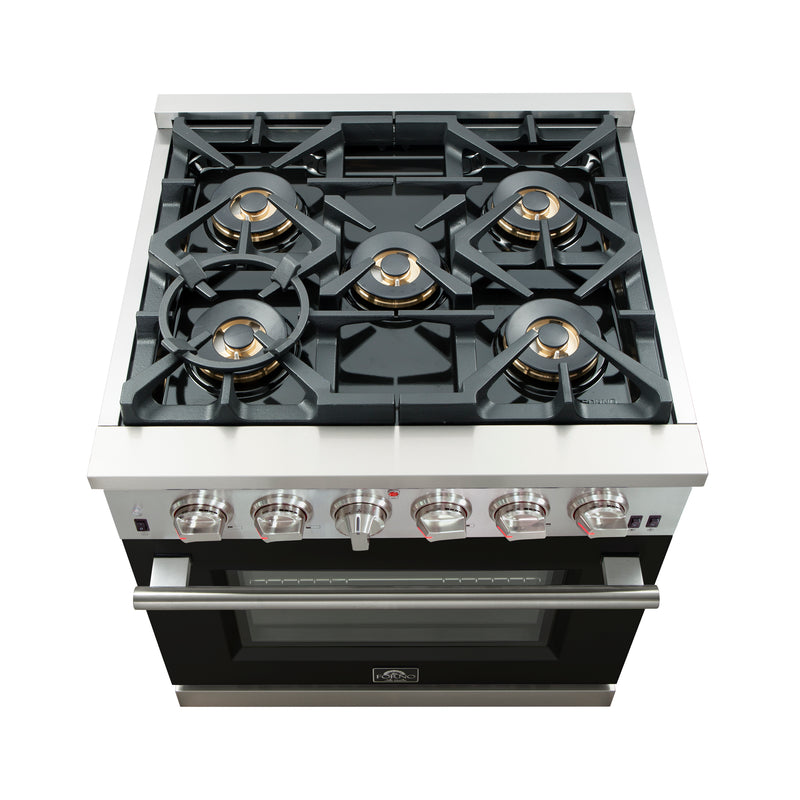 Forno Capriasca 30" Freestanding Gas Range in Stainless Steel with Black Door, 5 Brass Burners, True Convection, Cast-Iron Grates, FFSGS6260-30BLK
