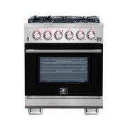 Forno Capriasca 30" Freestanding Gas Range in Stainless Steel with Black Door, 5 Brass Burners, True Convection, Cast-Iron Grates, FFSGS6260-30BLK