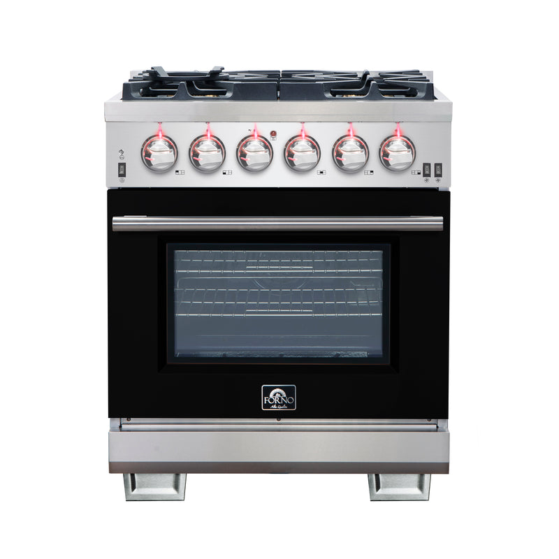 Forno Capriasca 30" Freestanding Gas Range in Stainless Steel with Black Door, 5 Brass Burners, True Convection, Cast-Iron Grates, FFSGS6260-30BLK