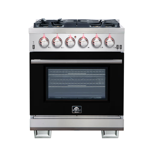 Forno Capriasca 30" Freestanding Gas Range in Stainless Steel with Black Door, 5 Brass Burners, True Convection, Cast-Iron Grates, FFSGS6260-30BLK