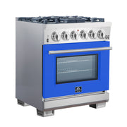 Forno Capriasca 30" Freestanding Gas Range in Stainless Steel with Blue Door, 5 Sealed Brass Burners, True Convection, Cast-Iron Grates, FFSGS6260-30BLU