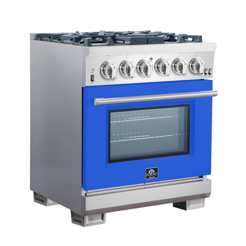 Forno Capriasca 30" Freestanding Gas Range in Stainless Steel with Blue Door, 5 Sealed Brass Burners, True Convection, Cast-Iron Grates, FFSGS6260-30BLU