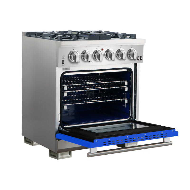 Forno Capriasca 30" Freestanding Gas Range in Stainless Steel with Blue Door, 5 Sealed Brass Burners, True Convection, Cast-Iron Grates, FFSGS6260-30BLU