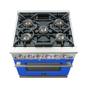 Forno Capriasca 30" Freestanding Gas Range in Stainless Steel with Blue Door, 5 Sealed Brass Burners, True Convection, Cast-Iron Grates, FFSGS6260-30BLU