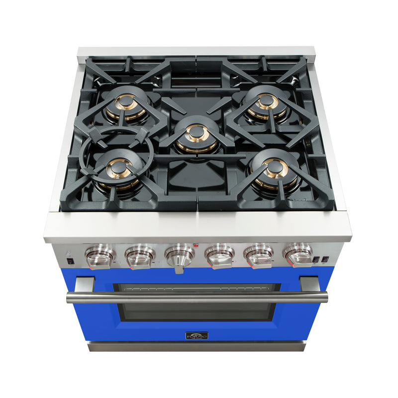 Forno Capriasca 30" Freestanding Gas Range in Stainless Steel with Blue Door, 5 Sealed Brass Burners, True Convection, Cast-Iron Grates, FFSGS6260-30BLU