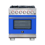 Forno Capriasca 30" Freestanding Gas Range in Stainless Steel with Blue Door, 5 Sealed Brass Burners, True Convection, Cast-Iron Grates, FFSGS6260-30BLU