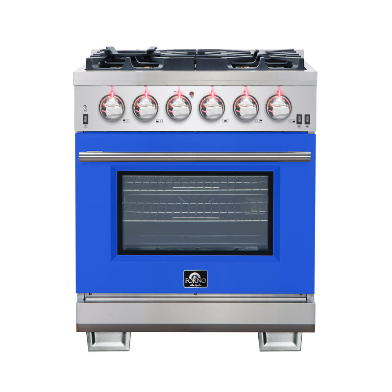 Forno Capriasca 30" Freestanding Gas Range in Stainless Steel with Blue Door, 5 Sealed Brass Burners, True Convection, Cast-Iron Grates, FFSGS6260-30BLU