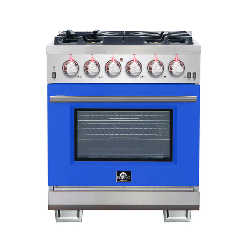 Forno Capriasca 30" Freestanding Gas Range in Stainless Steel with Blue Door, 5 Sealed Brass Burners, True Convection, Cast-Iron Grates, FFSGS6260-30BLU