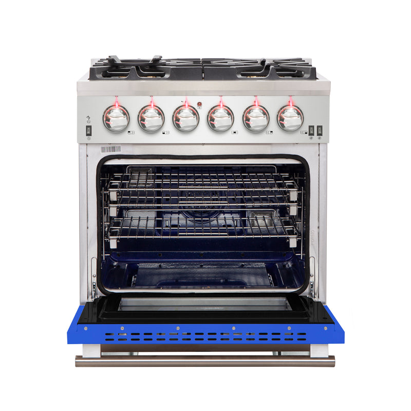 Forno Capriasca 30" Freestanding Gas Range in Stainless Steel with Blue Door, 5 Sealed Brass Burners, True Convection, Cast-Iron Grates, FFSGS6260-30BLU