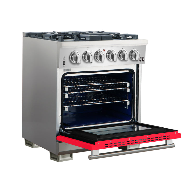 Forno Capriasca 30" Freestanding Gas Range in Stainless Steel with Red Door, 5 Brass Burners, True Convection, Cast-Iron Grates, FFSGS6260-30RED