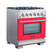 Forno Capriasca 30" Freestanding Gas Range in Stainless Steel with Red Door, 5 Brass Burners, True Convection, Cast-Iron Grates, FFSGS6260-30RED