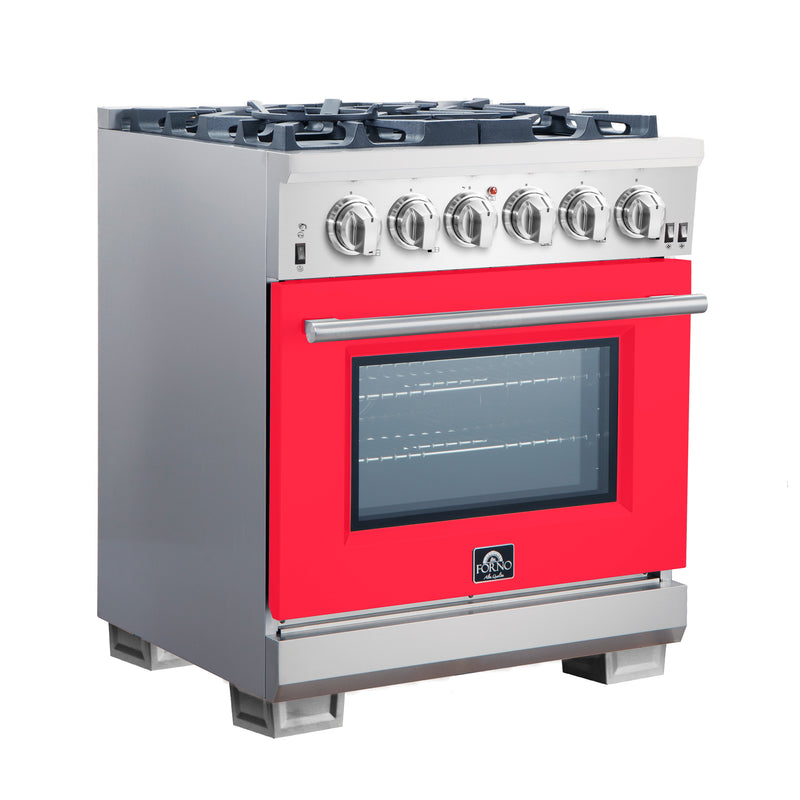 Forno Capriasca 30" Freestanding Gas Range in Stainless Steel with Red Door, 5 Brass Burners, True Convection, Cast-Iron Grates, FFSGS6260-30RED