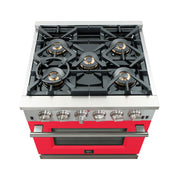 Forno Capriasca 30" Freestanding Gas Range in Stainless Steel with Red Door, 5 Brass Burners, True Convection, Cast-Iron Grates, FFSGS6260-30RED