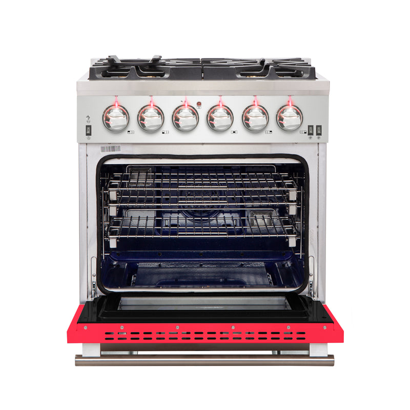 Forno Capriasca 30" Freestanding Gas Range in Stainless Steel with Red Door, 5 Brass Burners, True Convection, Cast-Iron Grates, FFSGS6260-30RED