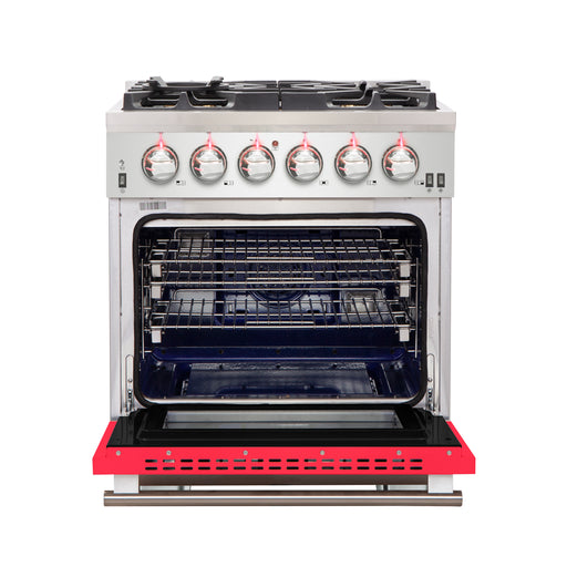 Forno Capriasca 30" Freestanding Gas Range in Stainless Steel with Red Door, 5 Brass Burners, True Convection, Cast-Iron Grates, FFSGS6260-30RED