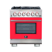 Forno Capriasca 30" Freestanding Gas Range in Stainless Steel with Red Door, 5 Brass Burners, True Convection, Cast-Iron Grates, FFSGS6260-30RED
