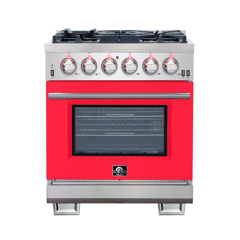 Forno Capriasca 30" Freestanding Gas Range in Stainless Steel with Red Door, 5 Brass Burners, True Convection, Cast-Iron Grates, FFSGS6260-30RED