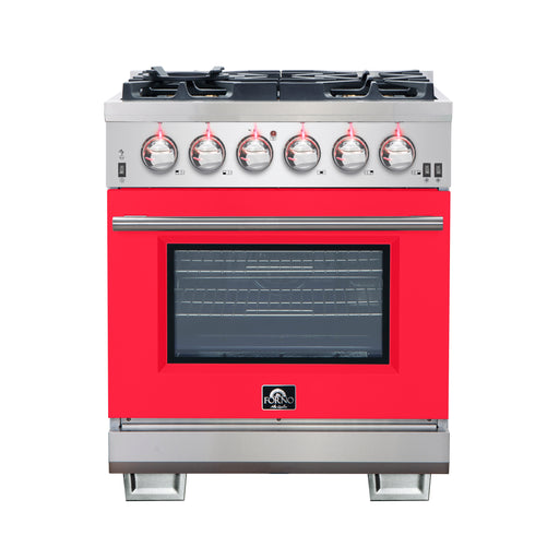 Forno Capriasca 30" Freestanding Gas Range in Stainless Steel with Red Door, 5 Brass Burners, True Convection, Cast-Iron Grates, FFSGS6260-30RED