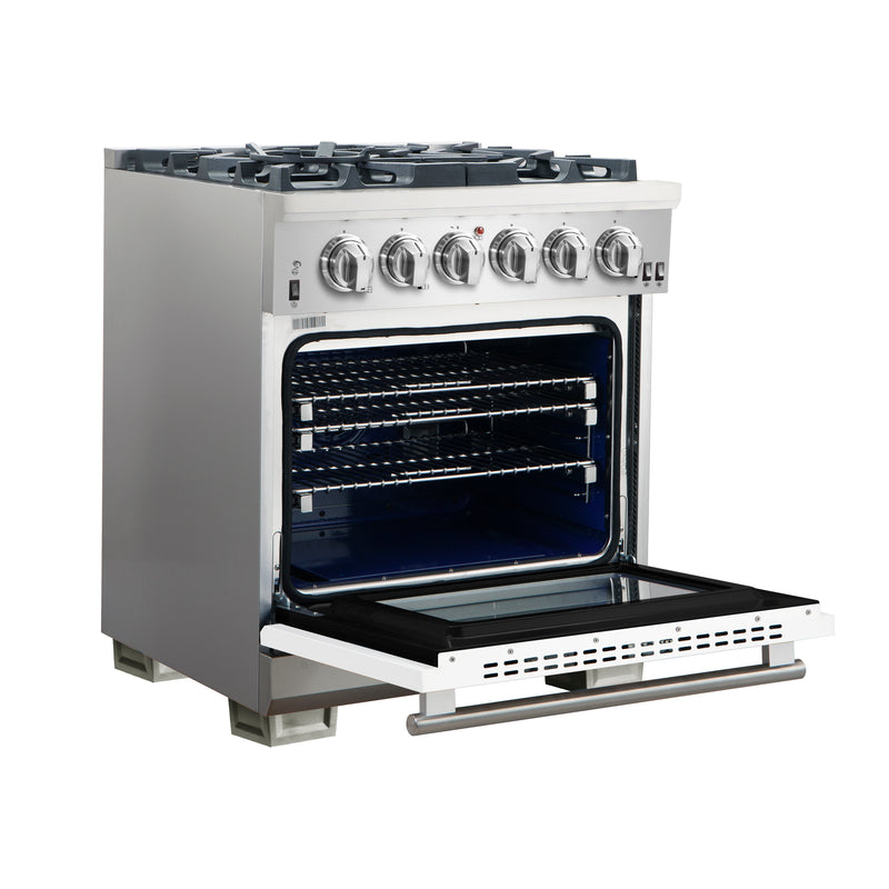 Forno Capriasca 30" Freestanding Gas Range in Stainless Steel with White Door, 5 Brass Burners, True Convection, Cast-Iron Grates, FFSGS6260-30WHT