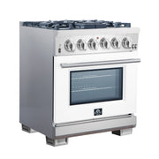 Forno Capriasca 30" Freestanding Gas Range in Stainless Steel with White Door, 5 Brass Burners, True Convection, Cast-Iron Grates, FFSGS6260-30WHT
