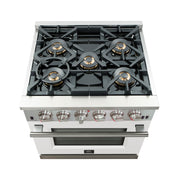 Forno Capriasca 30" Freestanding Gas Range in Stainless Steel with White Door, 5 Brass Burners, True Convection, Cast-Iron Grates, FFSGS6260-30WHT