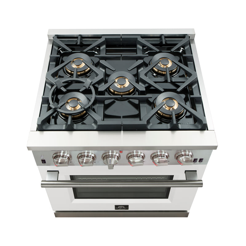 Forno Capriasca 30" Freestanding Gas Range in Stainless Steel with White Door, 5 Brass Burners, True Convection, Cast-Iron Grates, FFSGS6260-30WHT