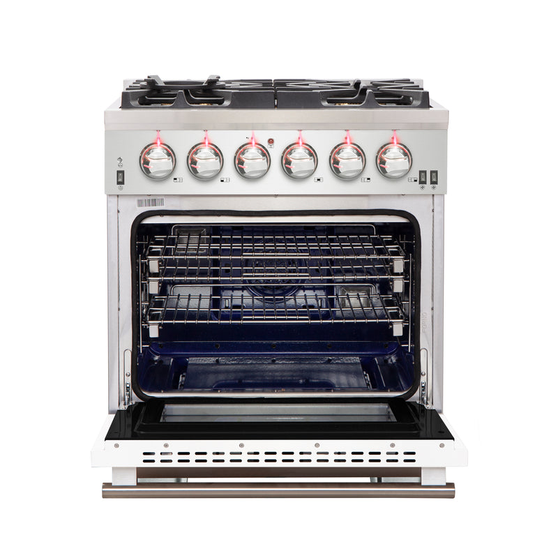Forno Capriasca 30" Freestanding Gas Range in Stainless Steel with White Door, 5 Brass Burners, True Convection, Cast-Iron Grates, FFSGS6260-30WHT