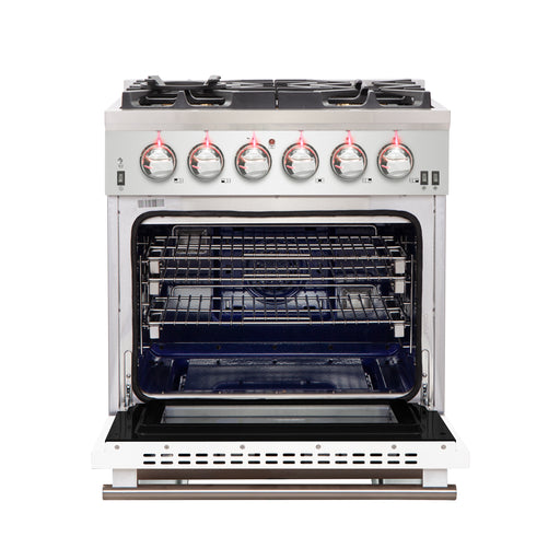 Forno Capriasca 30" Freestanding Gas Range in Stainless Steel with White Door, 5 Brass Burners, True Convection, Cast-Iron Grates, FFSGS6260-30WHT