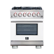 Forno Capriasca 30" Freestanding Gas Range in Stainless Steel with White Door, 5 Brass Burners, True Convection, Cast-Iron Grates, FFSGS6260-30WHT
