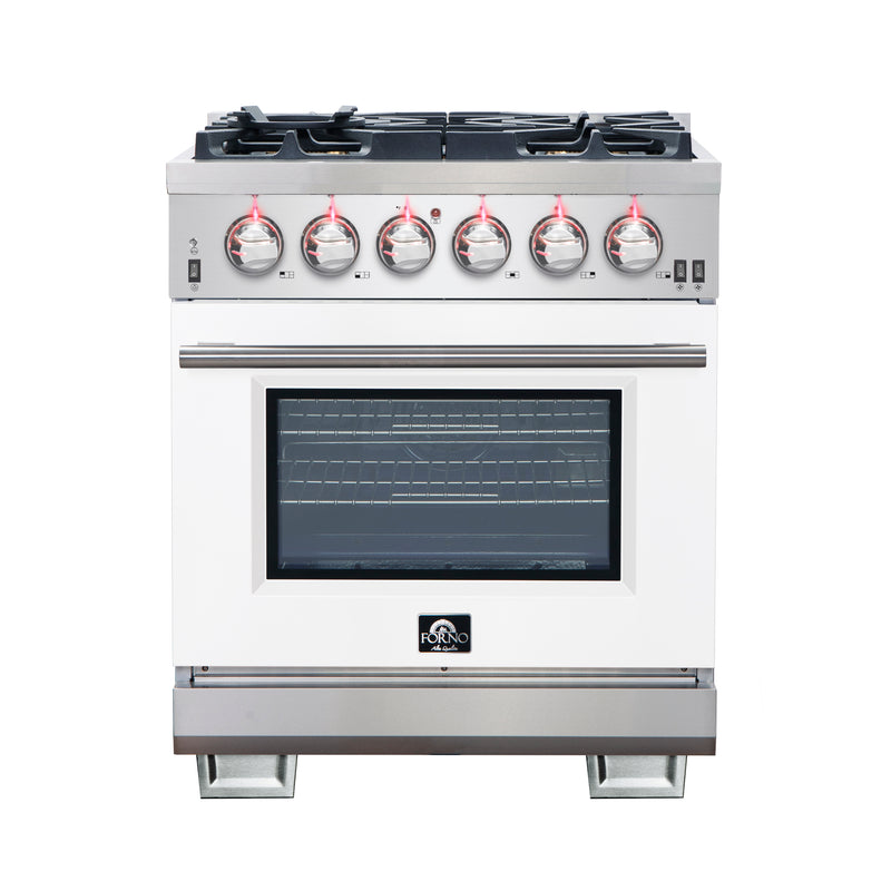 Forno Capriasca 30" Freestanding Gas Range in Stainless Steel with White Door, 5 Brass Burners, True Convection, Cast-Iron Grates, FFSGS6260-30WHT