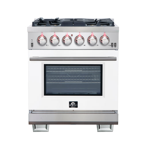 Forno Capriasca 30" Freestanding Gas Range in Stainless Steel with White Door, 5 Brass Burners, True Convection, Cast-Iron Grates, FFSGS6260-30WHT