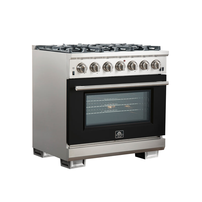 Forno Capriasca 36" Freestanding Gas Range in Stainless Steel with Black Door, 6 Brass Burners, True Convection, Telescopic Racks, FFSGS6260-36BLK