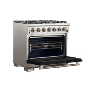 Forno Capriasca 36" Freestanding Gas Range in Stainless Steel with Black Door, 6 Brass Burners, True Convection, Telescopic Racks, FFSGS6260-36BLK