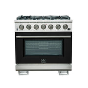 Forno Capriasca 36" Freestanding Gas Range in Stainless Steel with Black Door, 6 Brass Burners, True Convection, Telescopic Racks, FFSGS6260-36BLK
