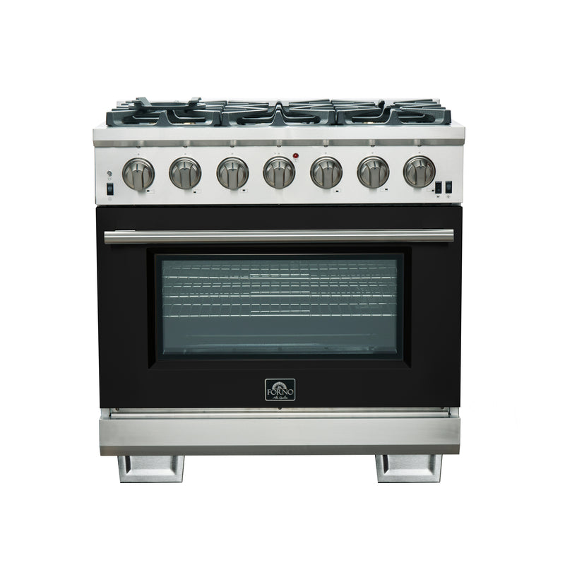 Forno Capriasca 36" Freestanding Gas Range in Stainless Steel with Black Door, 6 Brass Burners, True Convection, Telescopic Racks, FFSGS6260-36BLK
