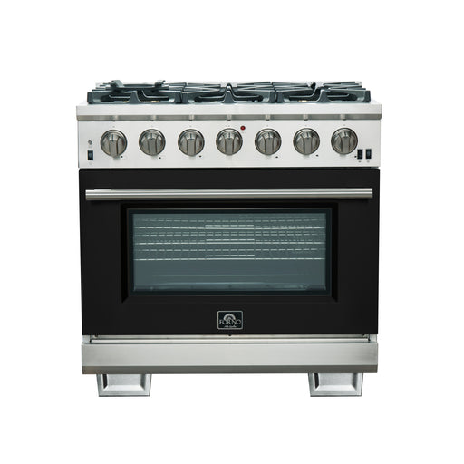Forno Capriasca 36" Freestanding Gas Range in Stainless Steel with Black Door, 6 Brass Burners, True Convection, Telescopic Racks, FFSGS6260-36BLK