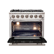 Forno Capriasca 36" Freestanding Gas Range in Stainless Steel with Black Door, 6 Brass Burners, True Convection, Telescopic Racks, FFSGS6260-36BLK