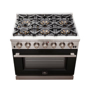 Forno Capriasca 36" Freestanding Gas Range in Stainless Steel with Black Door, 6 Brass Burners, True Convection, Telescopic Racks, FFSGS6260-36BLK