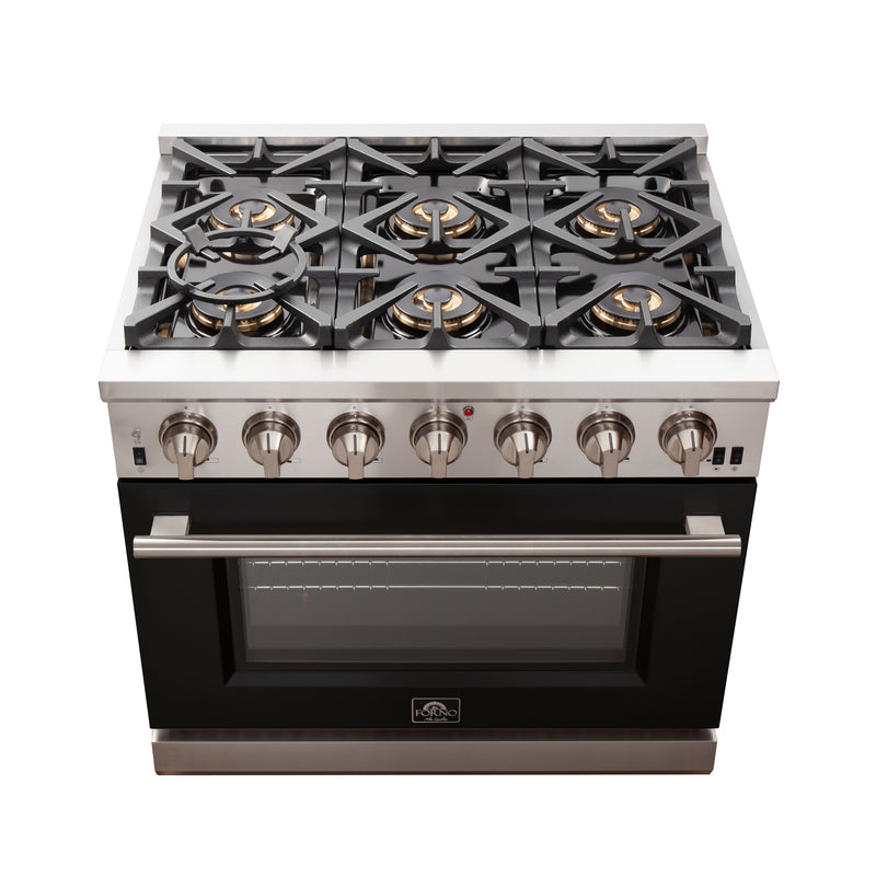Forno Capriasca 36" Freestanding Gas Range in Stainless Steel with Black Door, 6 Brass Burners, True Convection, Telescopic Racks, FFSGS6260-36BLK